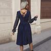 YYFS Women's Fashion Spring Autumn Solid Color Print Long Sleeve V-Neck Middle Waistline Casual Dresses