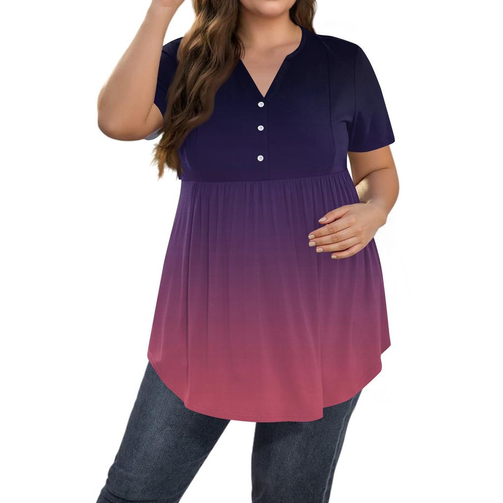 Damen Print Übergröße V-Ausschnitt Knopfleiste Lässiges Kurzarm Fließendes Top