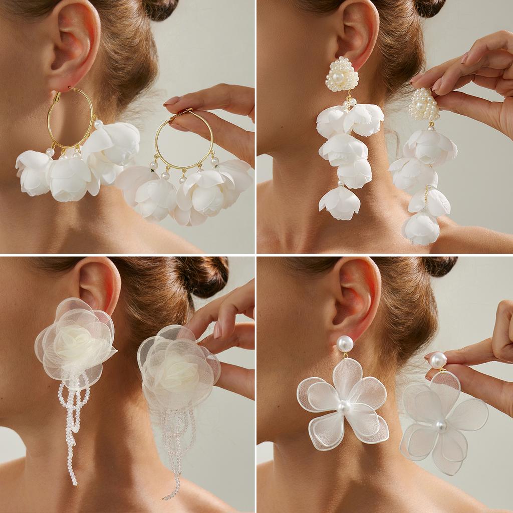 Pendientes de botón con colgante de flor grande de malla exagerada para mujer, Pendientes de botón con capullo de rosa tridimensional de imitación de perla al viento