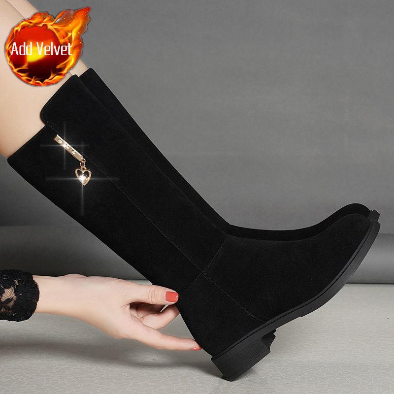 

Осень Зима Элегантные на низком каблуке с круглым носком со стразами Женские полусапоги до середины икры Удобные на флисовой подкладке Женские полусапожки 40