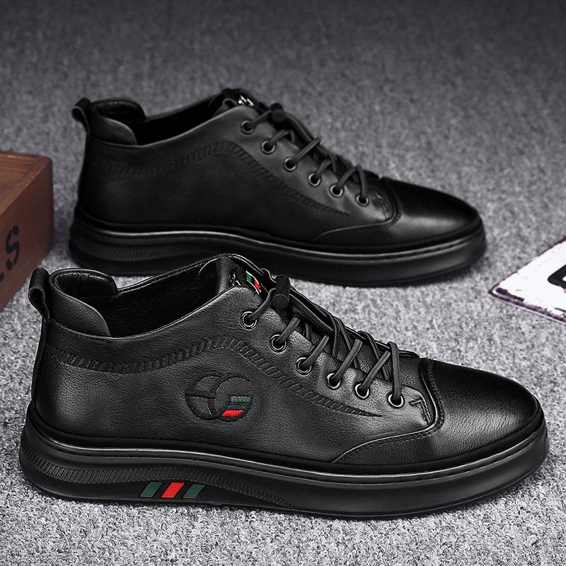 Herren High-Top Leder Sneaker Lässig Schnürung Rutschfest Schwarz Wanderschuhe