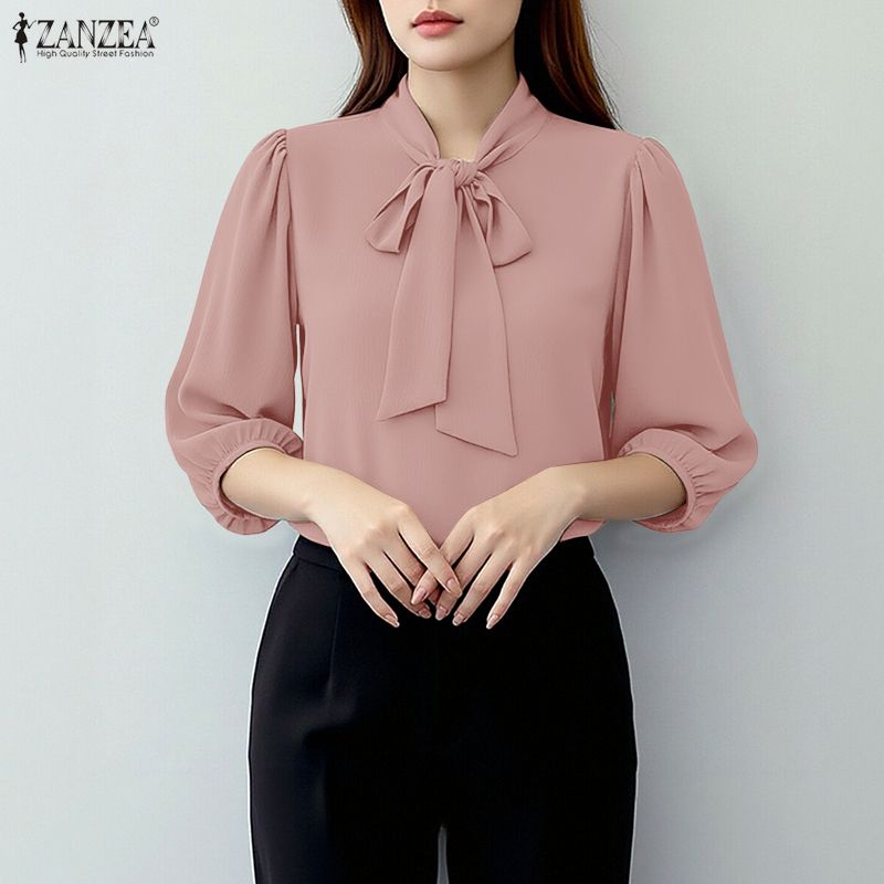 ZANZEA Damen Freizeit Rundhals Einfarbig 3/4 Ärmel Bluse