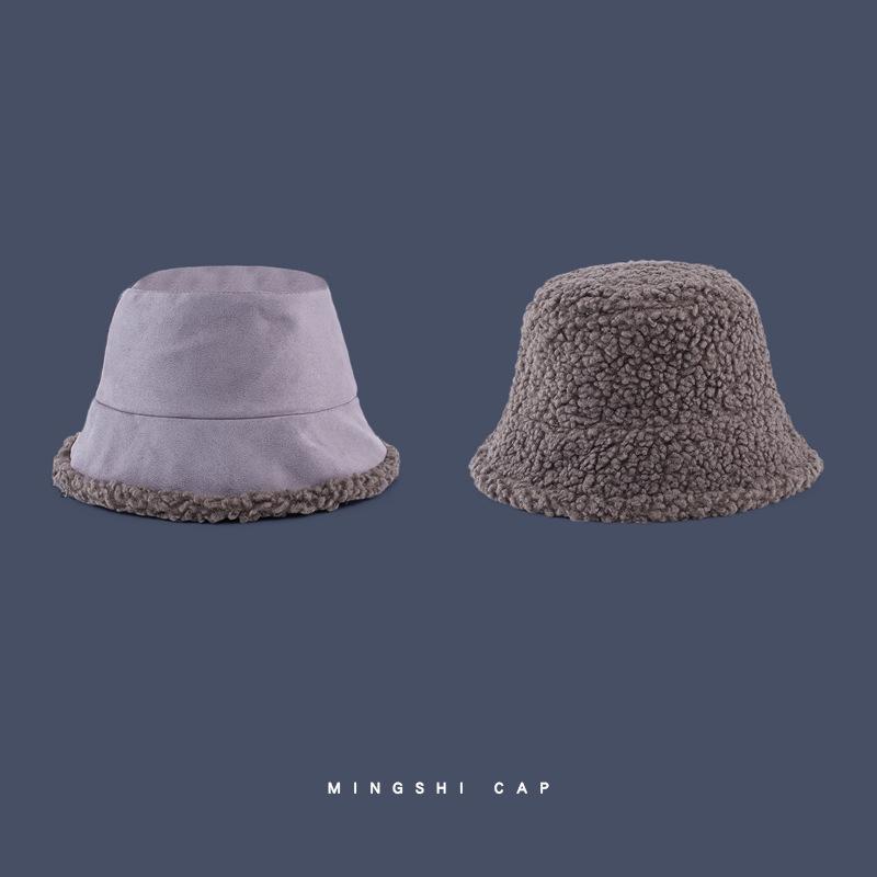Autumn and Winter Warm Double-sided Morandi Color Fashionable and Versatile Korean Style Basin Hat for Men and Women's Lamb Wool Fisherman Hat