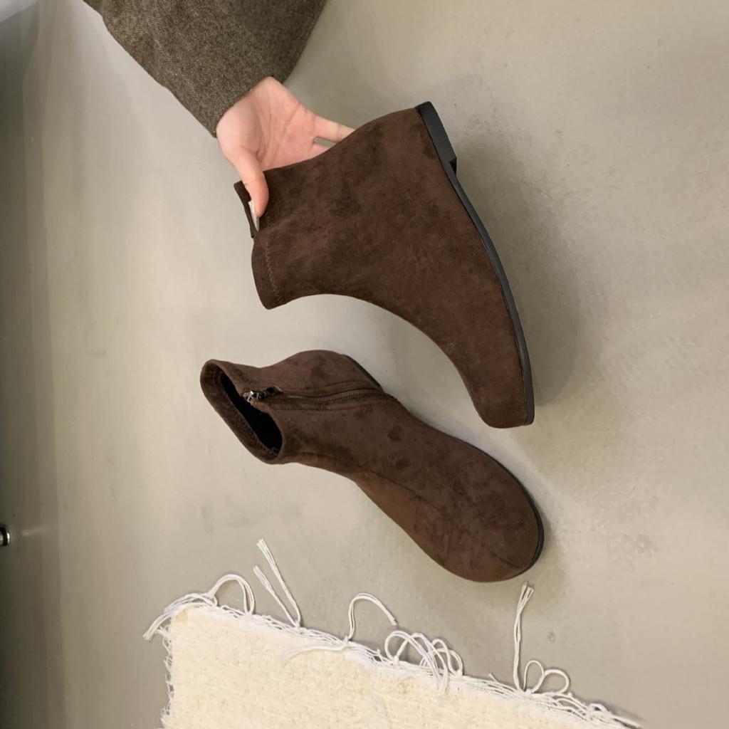 2025 new round head thick heel splicing low tube rear zipper soft sole Chelsea Martin women's short boots