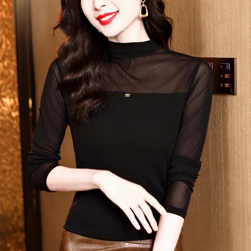 Fashionable Mesh Solid Color Long-sleeved Tops for Women Style Versatile Half-turtle Collar Slim-fitting Lace Bottoming Shirt