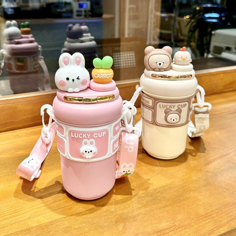550ml 316 Stainless Steel Kids Straw Insulated Cup, Cute Rabbit/Bear Print Dual-Water Flask with Strap