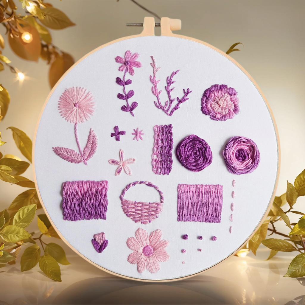 1 sada Vyšívání DIY Sada pro začátečníky: Fialový květinový vzorový materiál vhodný pro začátečníky. Vyšívací látka Materiálová sada