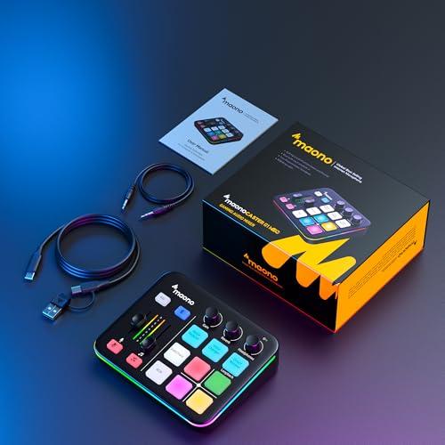 MAONO Gaming Audio Mixer Audio Interface with Mute, Voice Changer, Reverb, PC/Smartphone/PS4/5/Microphone/Headphone Compatible Audio Mixer for Gaming,