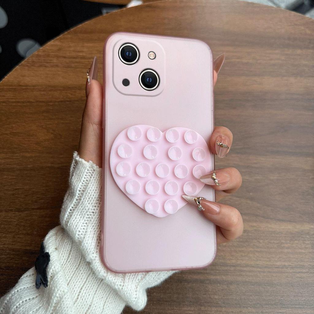Heart Shape Suction Cup Phone Case for iPhone 15 Plus,15,14 Plus,14,13 Semi Transparent Matte Shockproof Soft TPU Cover