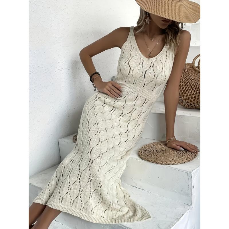 Damen Sexy Taillenbetonend Einfarbig Ausgestanzt Gestrickt Elegant Strand Midi Kleid