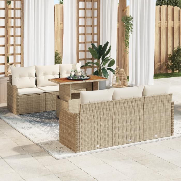 VidaXL Ensemble de canapés de jardin 7 pièces avec coussins beiges en rotin poly acacia 3349406