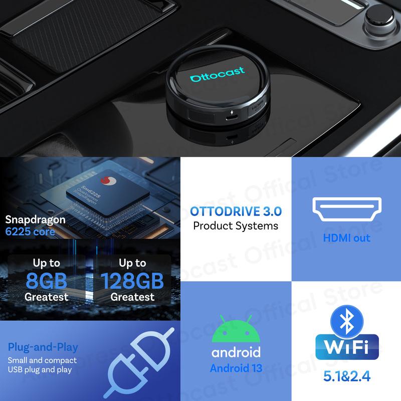 OTTOCAST P3 PRO AI Box Смарт SM6225 Android Box Бездротовий CarPlay Android Auto Штучний інтелект Голосове керування Автомобільні аксесуари для VW Toyota Benz