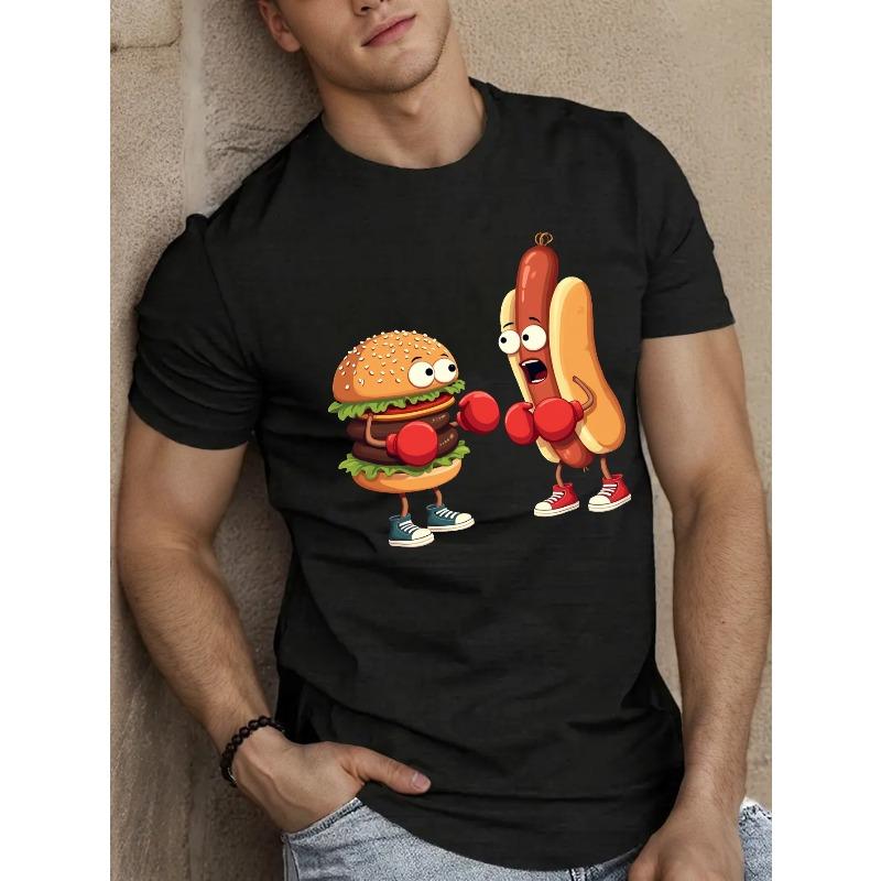 

Whimsical Fast Food Characters Boxing Men s Short Sleeve T-shirt Summer T-shirt Top 4XL чорний