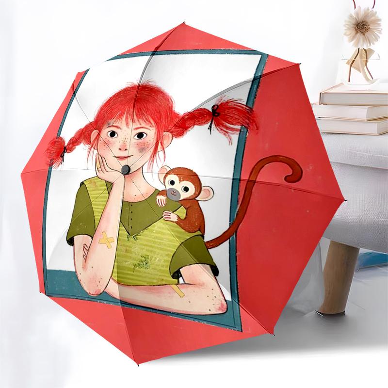Pippi Longstocking Themed Travel Umbrella-8 Ribs Automatic Opening and Closing, Portable Folding Design, Compact and Stylish Umbrella Suitab