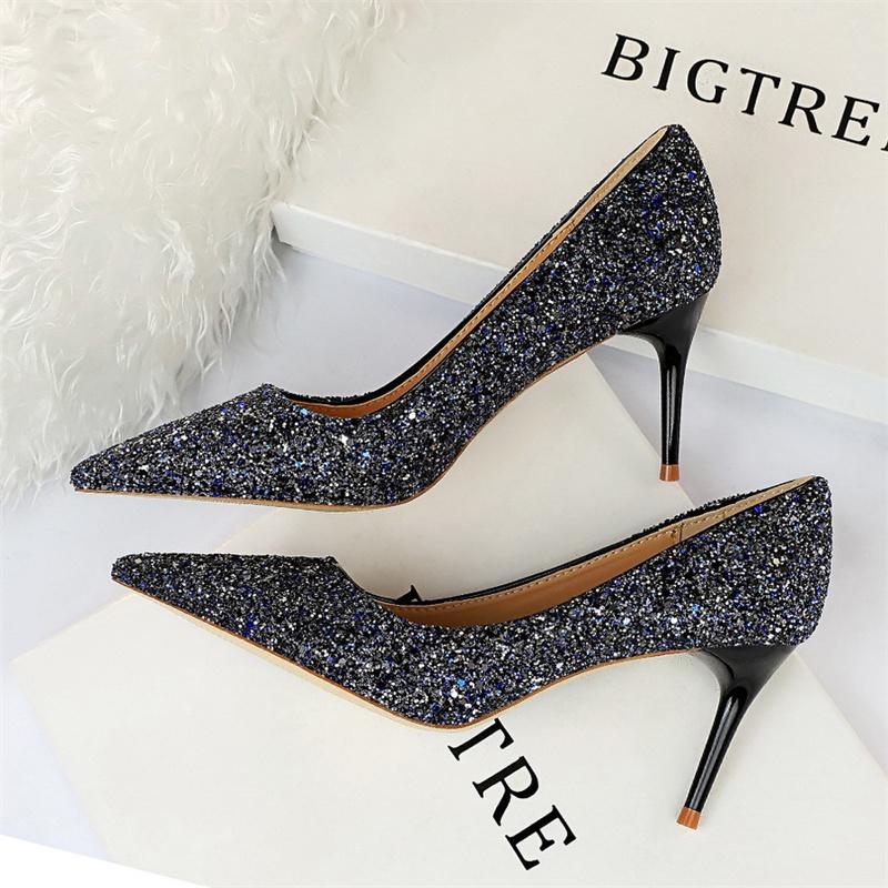  Women Fashion Pointed Toe Thin High Heels Sequins Glitter Luxury Designer Pumps Wedding Bridal Gold Valentine  Shoes