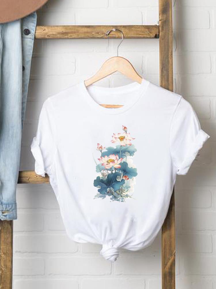 (Asian Size) trend flower sweet 90s Print Female Women printing Fashion Tee Top Clothing T Shirt Woman Short Sleeve Graphic T-shirts