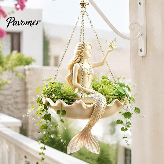 Piccolo Fioriera da Pianta Erbacea Ballerina di Balletto & Sirena Fioriera da Appendere, Vaso da Fiori a Forma di Conchiglia in Resina con Catene Metalliche, Cestino Leggero