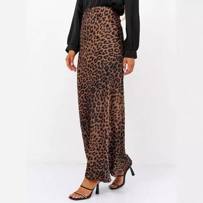 Satin Bustier Sexy Leopard Print Long Skirt High Waisted Elasticized Silky Long Skirt