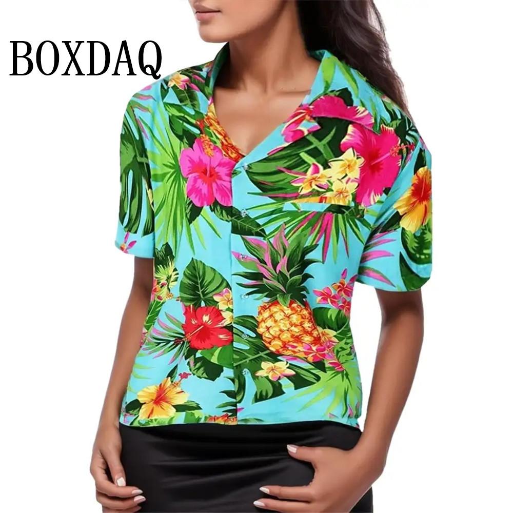 

Summer Fashion Women s Blouse Artistic Hawaiian Palm Tree Print Short Sleeve Lapel Casual Button Shirt Tops Women Hawaiian Shirt S