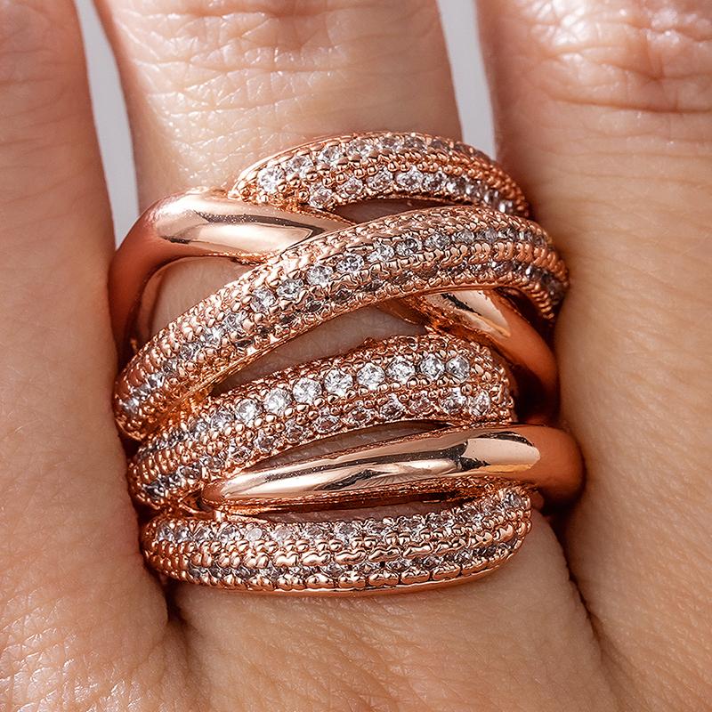 Huitan Brilliant Rose Gold Color Rings for Wedding Fashion Stylish Women Accessories Graceful Noble Multi-layer Party Jewelry