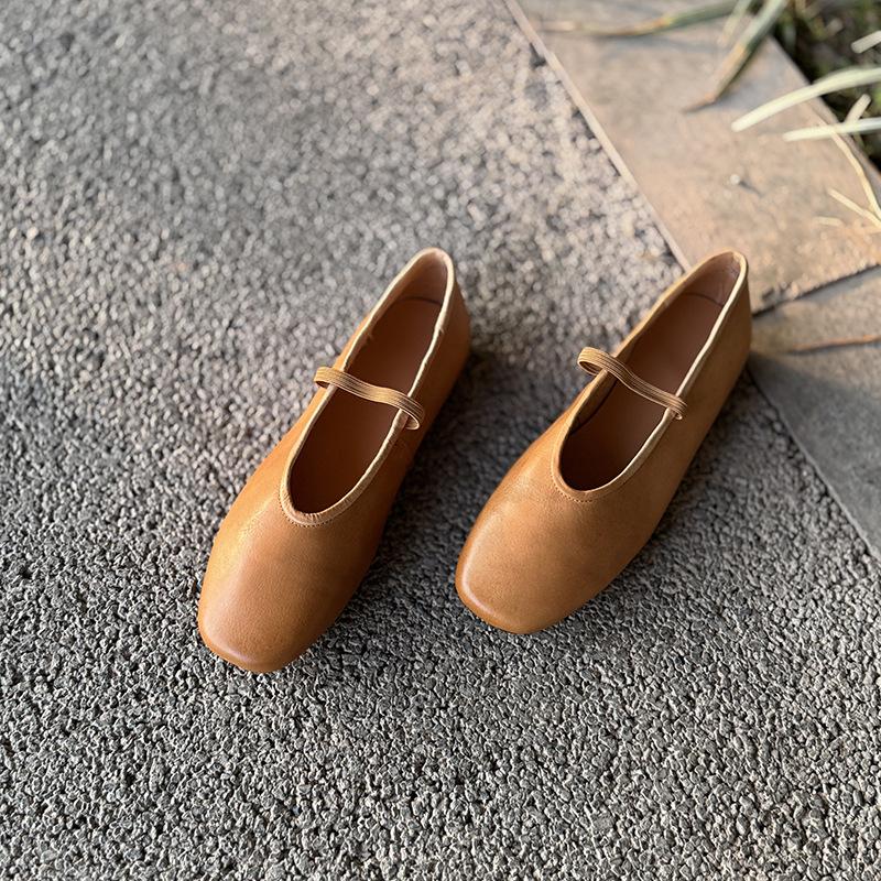 Johnature Genuine Leather Shallow Elastic Band Women Flat Shoes Versatile Round Toe Solid Color Slip-on Shoes