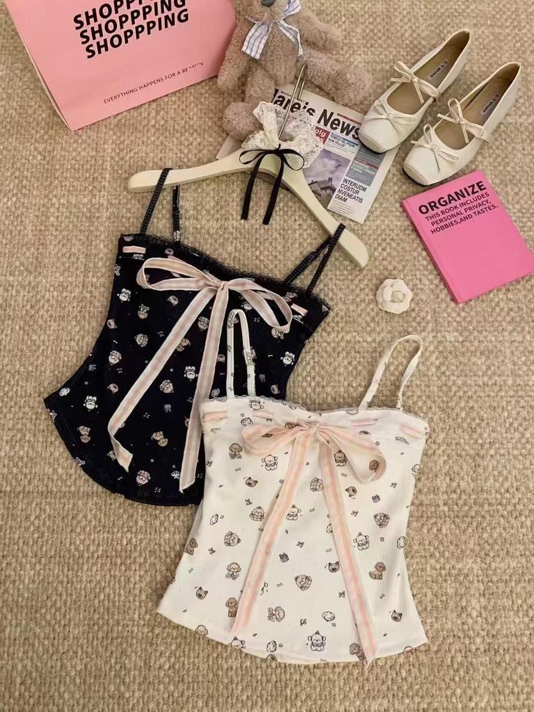 2026 Spring/Summer Slimming Bow Tie Camisole Vest with Padded Bust and Fun Print for Women
