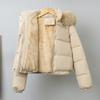 Women's Hooded Puffer Jacket Faux Fur Collar Short Winter Coat Warm Quilted Cotton Padded Jacket Loose Fit