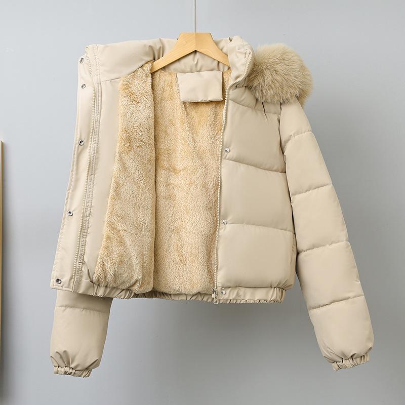 Women's Hooded Puffer Jacket Faux Fur Collar Short Winter Coat Warm Quilted Cotton Padded Jacket Loose Fit
