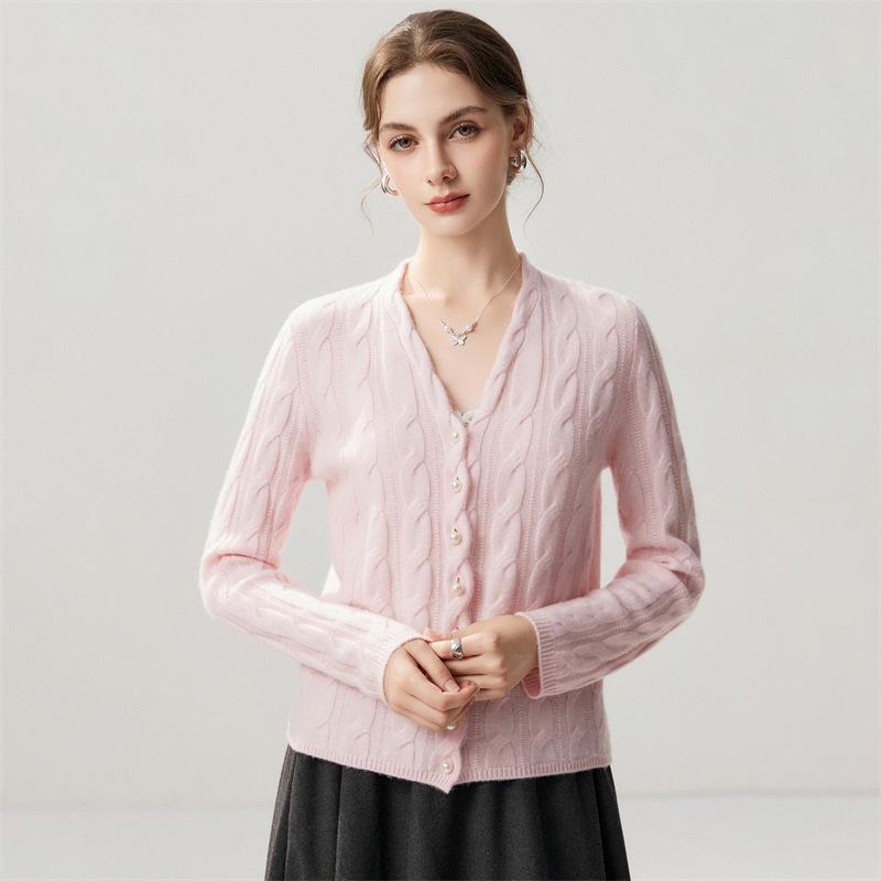 Lekasha Cashmere V-Neck Pearl Button Cable Knit Sweater Coat for Autumn and Winter