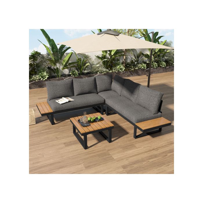 Garden Furniture Set with Adjustable Tilt Angle (5 Positions, Maximum 55°) Including a Coffee Table, Grey + Black