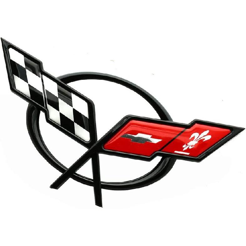 Paar-Set 1997-2004 Corvette C5 Front-Haubenemblem und Heckklappe 3D Gekreuzte Flaggen Abzeichen Ersatz für Corvette (Schwarz Rot)