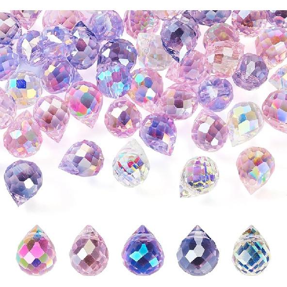 

110 шт. Граненые хрустальные бусины-капли Электрогальваническое покрытие Сквозные стеклянные бусины Разноцветные хрустальные подвески-капли Подвески для люстр для DIY Pink Purple