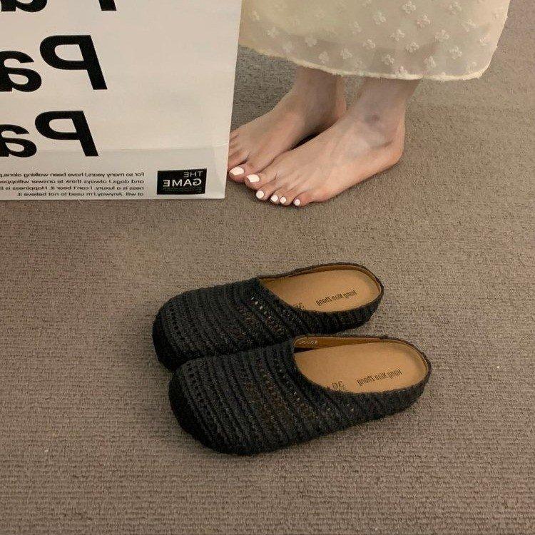 Evening Wind Thick-soled Bohemian Boken Shoes Women's Outer Wear Woven Hollow Breathable Half-drag One Pedal Bag Head Single Shoes