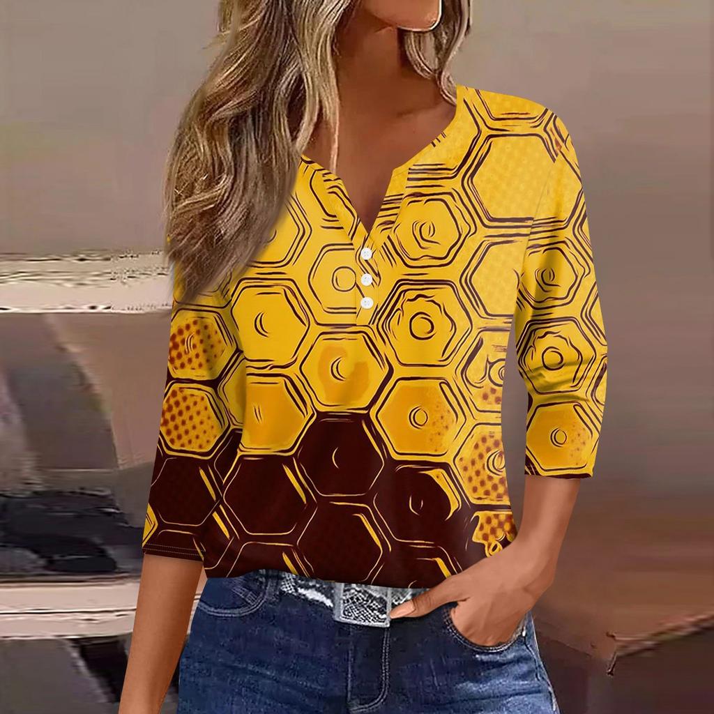 Women's T-Shirt Print Button 3/4 Sleeve Daily Weekend Fashion Basic V-Neck Regular Top