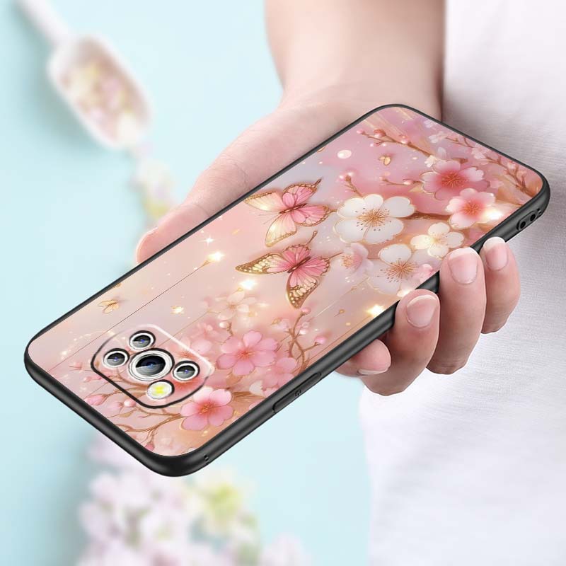 Butterfly Flower Pattern Phone Case For Xiaomi Mi Poco F3 F4 F5 F6 X3 X4 X5 X6 X7 M3 M4 M5 M6 M7 GT Pro 5G Black