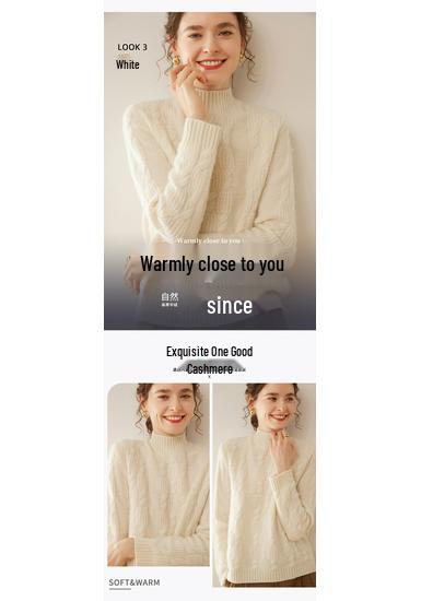 Women's Heavyweight Cashmere Jacquard Sweater - Thick Half-High Neck, Long Sleeve, Winter Knit Pullover