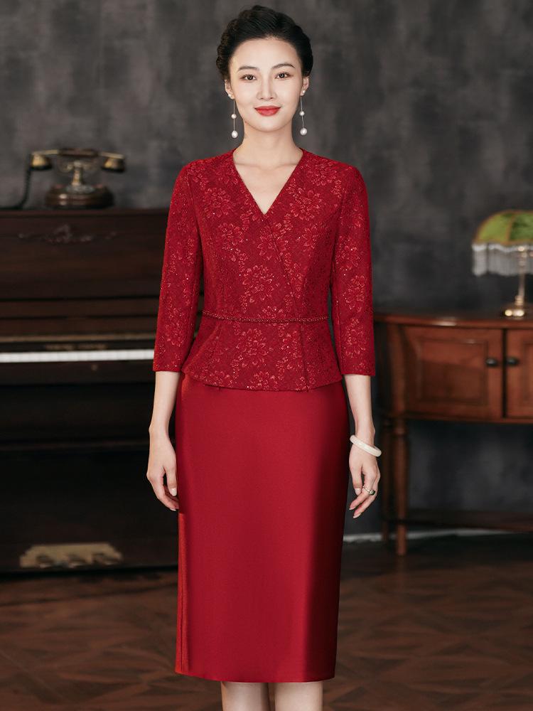 2024 Autumn Slimming Plus-Size Two-Piece Mother of the Bride Dress Set for Middle-Aged Women