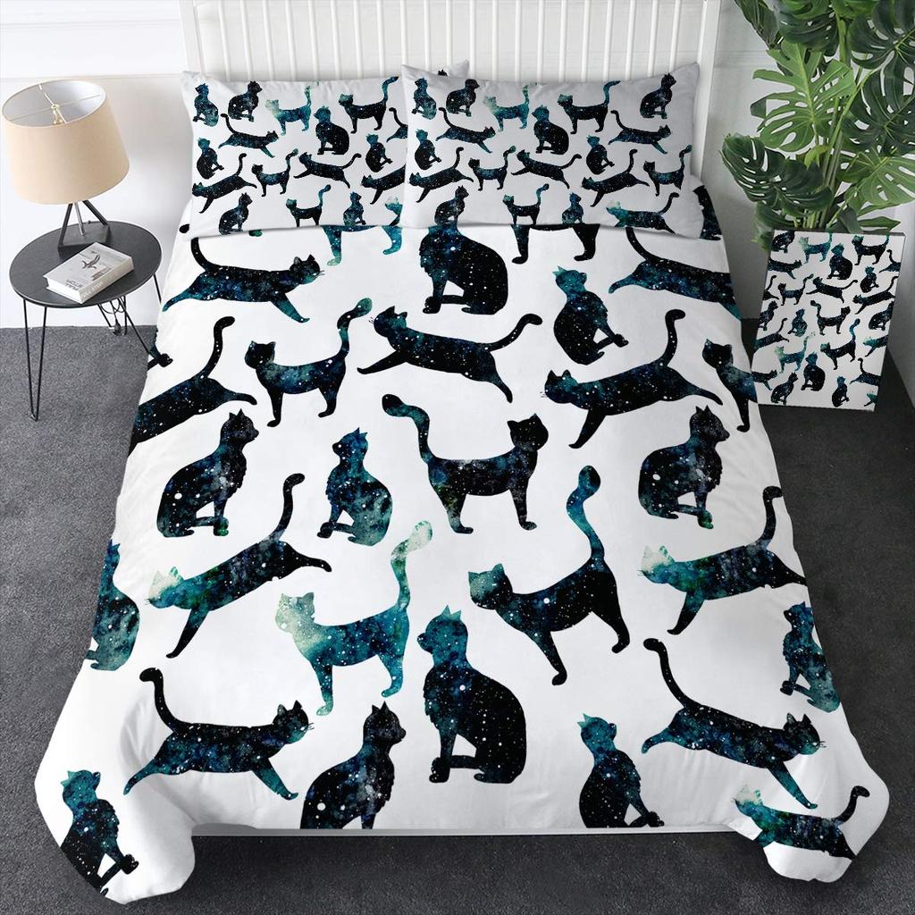 Witch Black Cat Duvet Cover Set Full,Cat Sitting On Moon Bedding Set Vintage Gothic Animals Cat Comforter Cover 2/3pcs Bed Sets