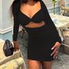 Women's Sexy Square Neck Pleated Dress Solid Color Chest Wrap Long Sleeve Halter Hollow Waist Pack Hip Dress