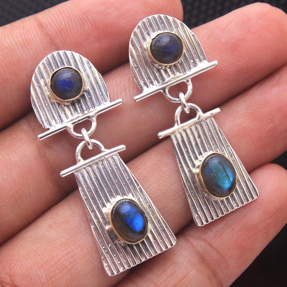 Лунный камень Ларимар Лабрадорит Серьги, Ювелирные изделия ручной работы, Серебряные украшения, Женские серьги синий
