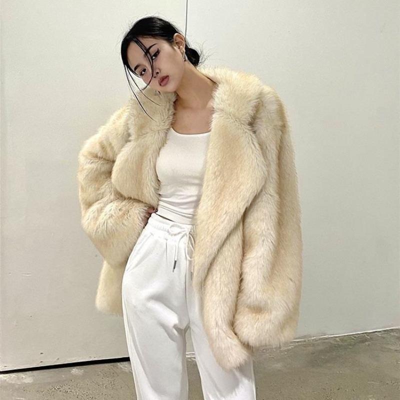 Imitation fox fur jacket women's clothing medium and long casual large lapel loose plush coat light luxury