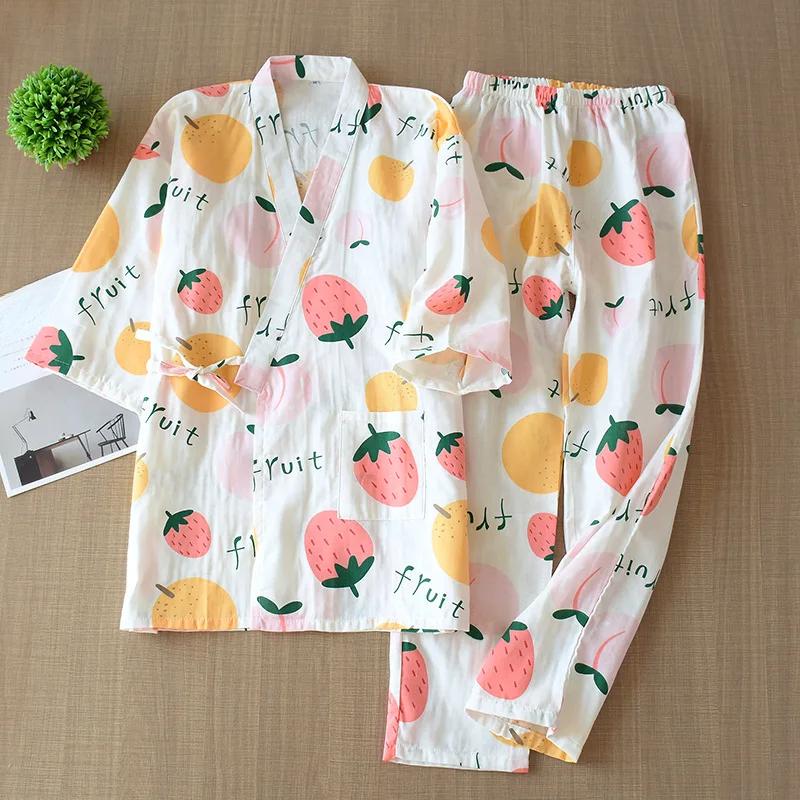 New Seven-sleeve Japanese-style Kimono Pajamas Set Female Spring and Autumn Cotton Gauze Home Clothes Cute Sweet Two-p
