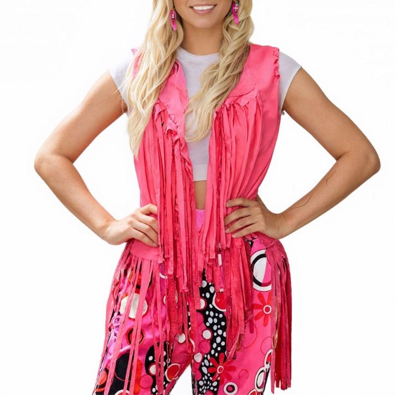 1970s Hippie Party Costume Set With Fringe Vest Groovy Pants And Bandana Earrings For Fashion Themed Event