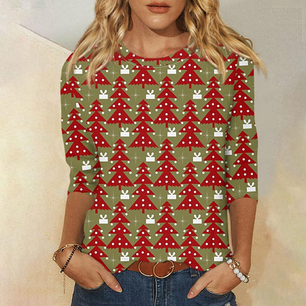 Edición Limitada de Navidad Camiseta de Mujer 3D Roja con Estampado de Árbol de Navidad Cuello Redondo Manga Larga Moda Casual Top de Manga Larga
