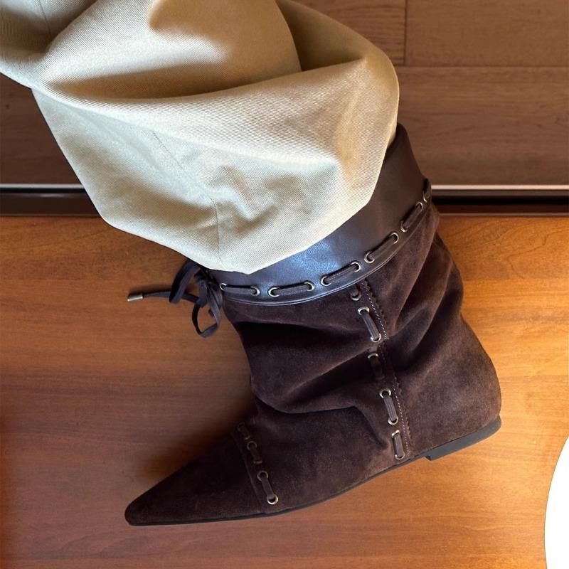 Sheepskin version retro versatile pointed boots inner height increasing strap design niche short boots slim temperament female knight boots