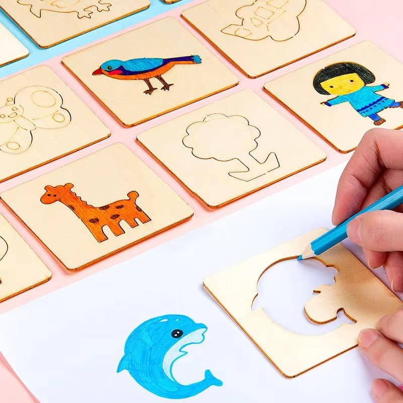 Kids Drawing Toys Montessori DIY Painting Stencils Template Wooden Craft Puzzle Educational Toys for Boys Girls Birthday Gift
