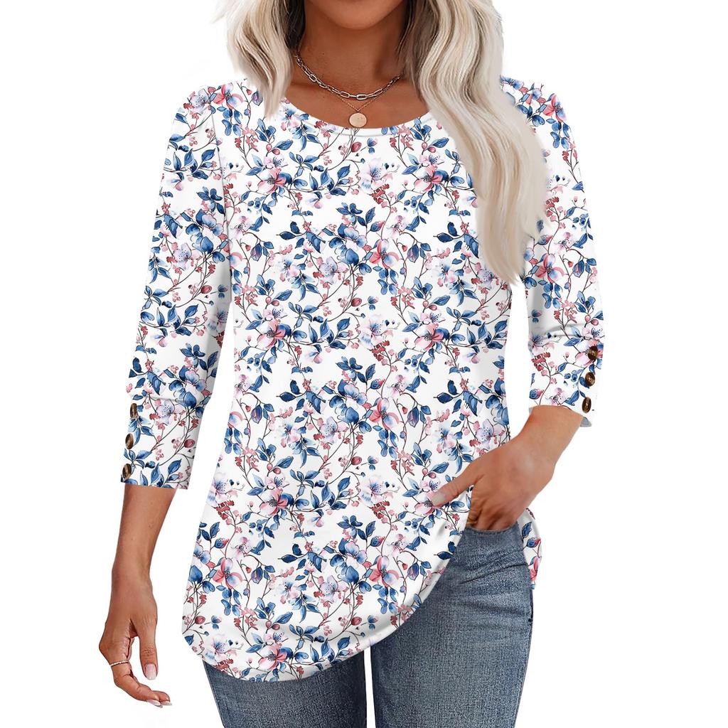 Womens Tops 3/4 Sleeve With Buttons Casual Blouses Summer Outfits Beach Vacation Clothes