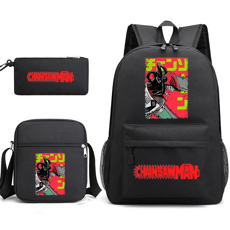 Chainsaw Man Print Student Backpack Set with Crossbody Bag and Pencil Pouch for Boys Girls Daily Use