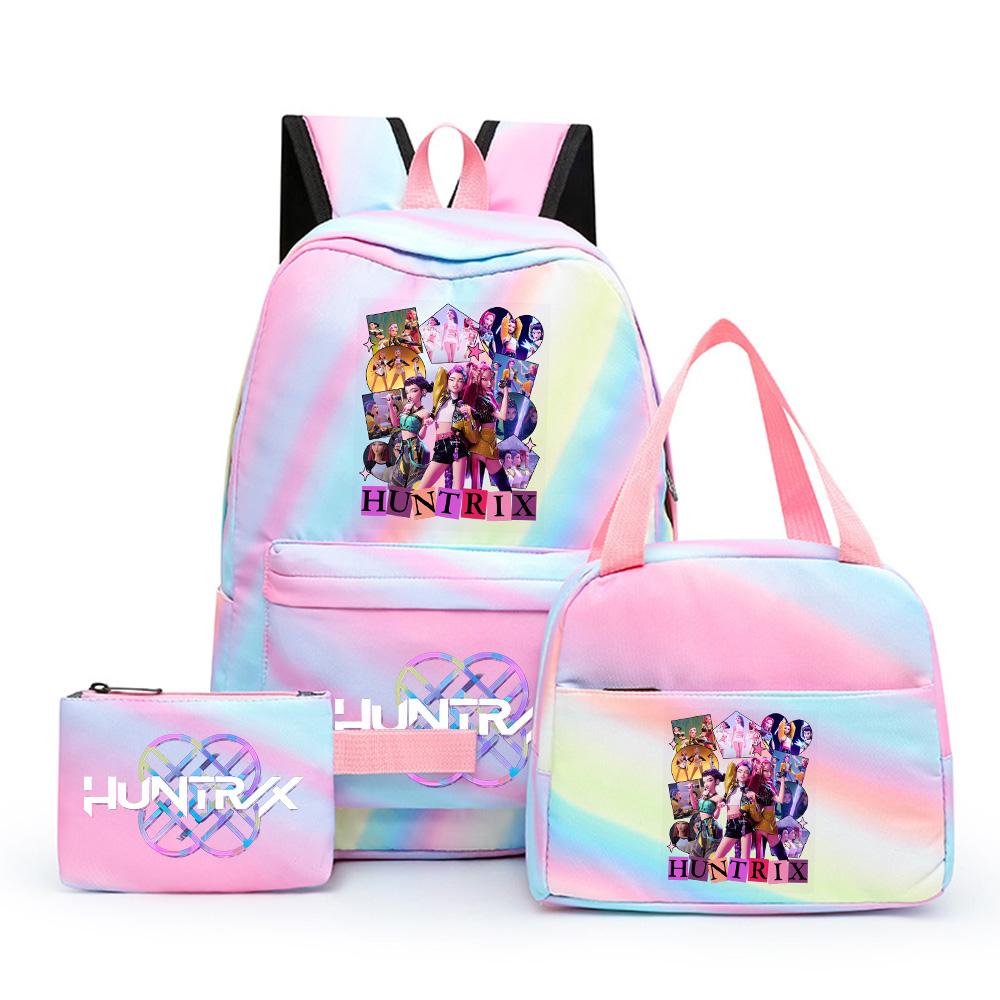 3Pcs/set Cartoon Demon Hunters Printed Backpack with Lunch Bag Pencil Case for Teenager Girl Boy Large Capacity Waterproof Bookbag Gift Mochila