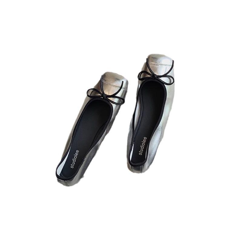 Ballet Style Splicing Small Square Head Shallow Mouth One Pedal Flat Bow Single Shoes Women's Leather